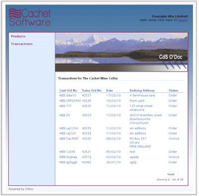 Online Order Transactions Page